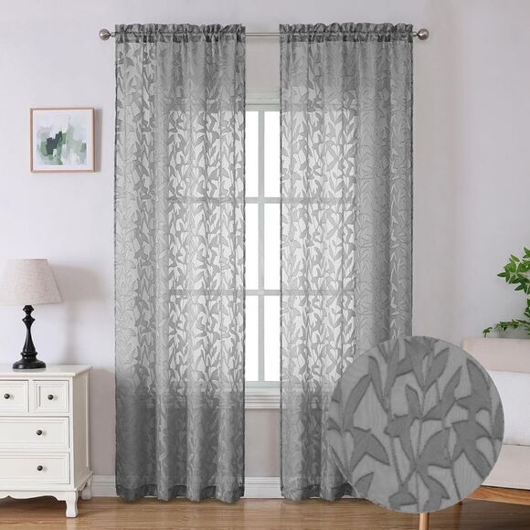 Charcoal Grey Textured Leaf Design Sheer Curtains, 2 Panels Jacquard Curtain - Picture 1 of 11